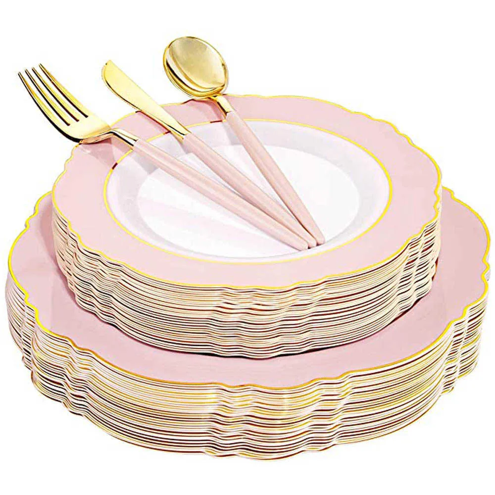 50 piezas de vajilla desechable, plato de plástico rosa y verde con borde dorado, adecuado para suministros de fiesta del día de la madre de boda de alta gama 1029457