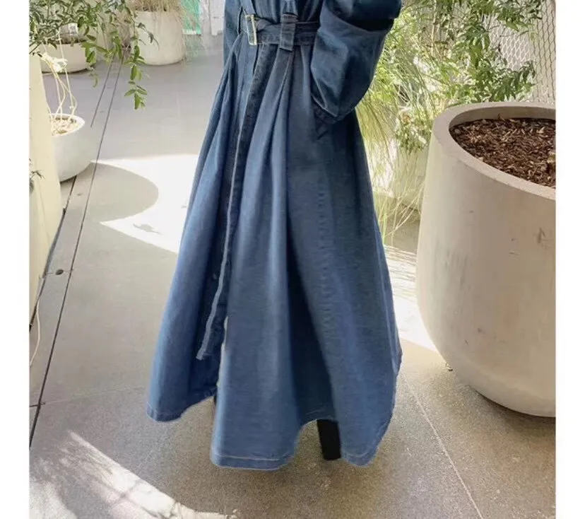 Robe Vintage Chic Maxi longue robe en jean automne hiver simple boutonnage ceinturé femme jean robe lâche Vestidos 210422