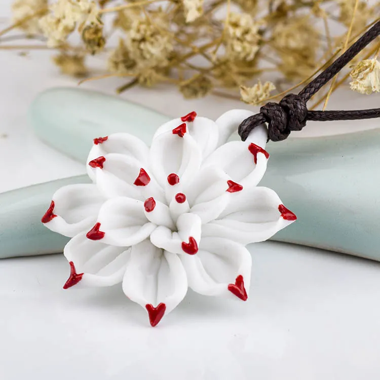 Vintage Style Blue and White Ceramic handmade Lotus Flower Pendant Necklace Chinese Style Ethnic Long Women Lady