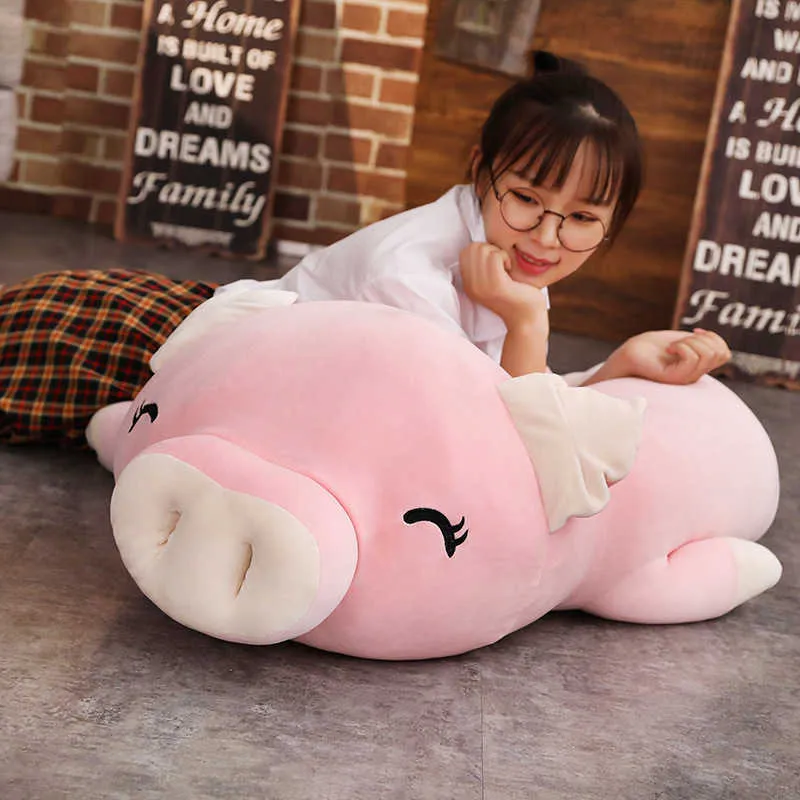 110 cm Giant Piggy Doll Pink White Lying Sleepy Plush Animal Toy Ultra Soft Squishy Down Cotton Farcito Regalo bambini 210724