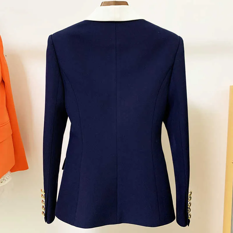 Casaco azul marinho casaco moda botão de metal duplo breasted manga longa slim xaile colar de trabalho trabalho negócio blazer mulheres 210527