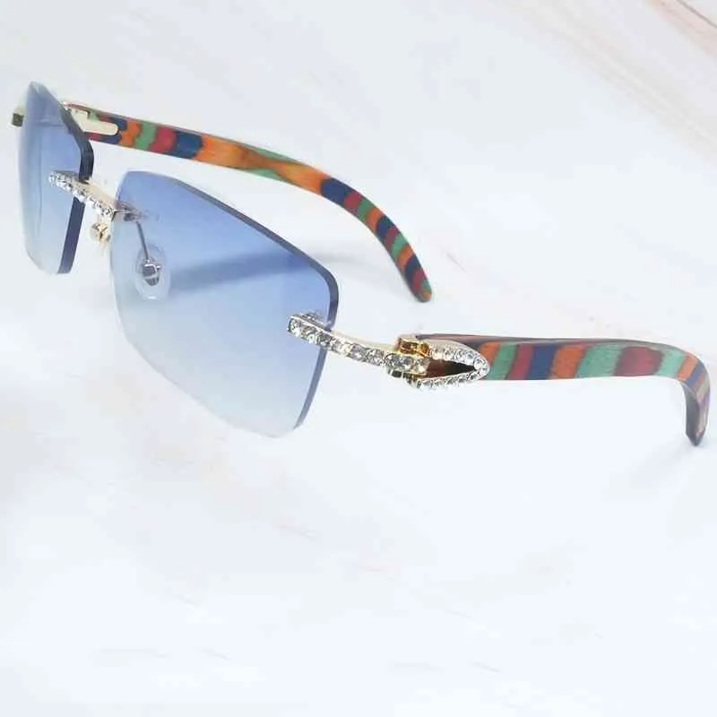 2024 10% rabatt på lyxdesigner Nya män och kvinnors solglasögon 20% rabatt på trämän Rhinestone Rimless Square Color Craved Wood Shades Iced Out Decoration Eyewear