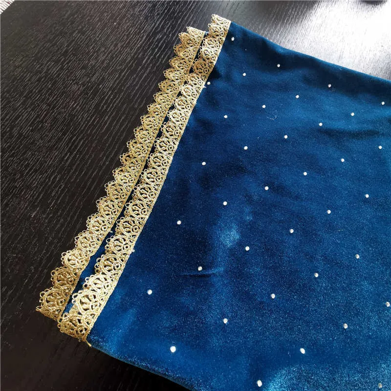 Velvet Shining Beading Mantilla Veils for Church Women Head Covering Catholic Mass Round Gold Edge Beaded Sparking Blue Green X0726