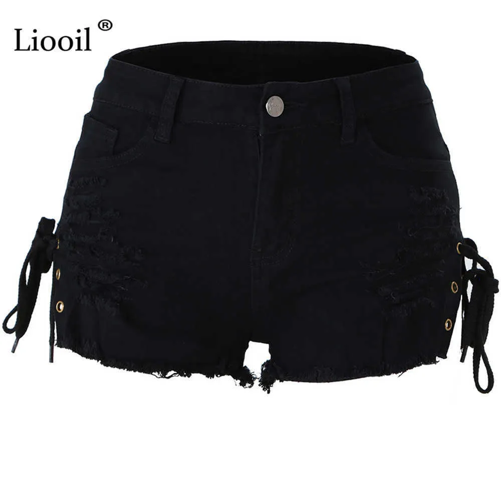 Liooil Tassel Denim Spodenki Kobiety Lato Mid Walii Bawełna Sexy Rave Jean Krótki Koronki Up Hollow Out Black White Dżinsy 210719