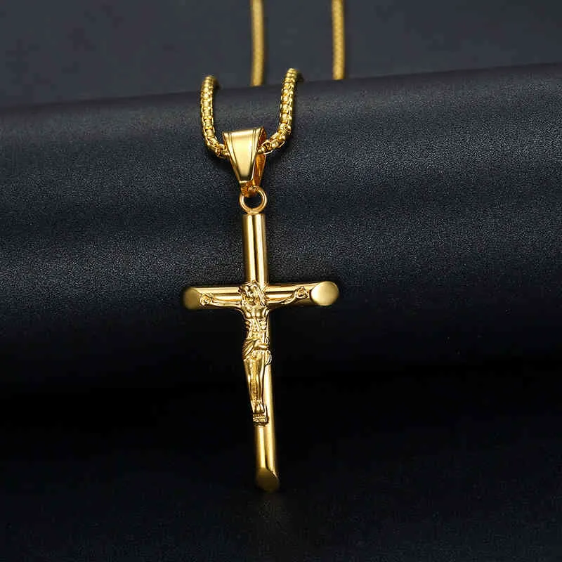 Hip Hop Crucifix Jesus Cross Pendant Halsband Man Guldfärg Rostfritt stålkedjor för män Kvinnor Smycken Gåvor Dropshipping