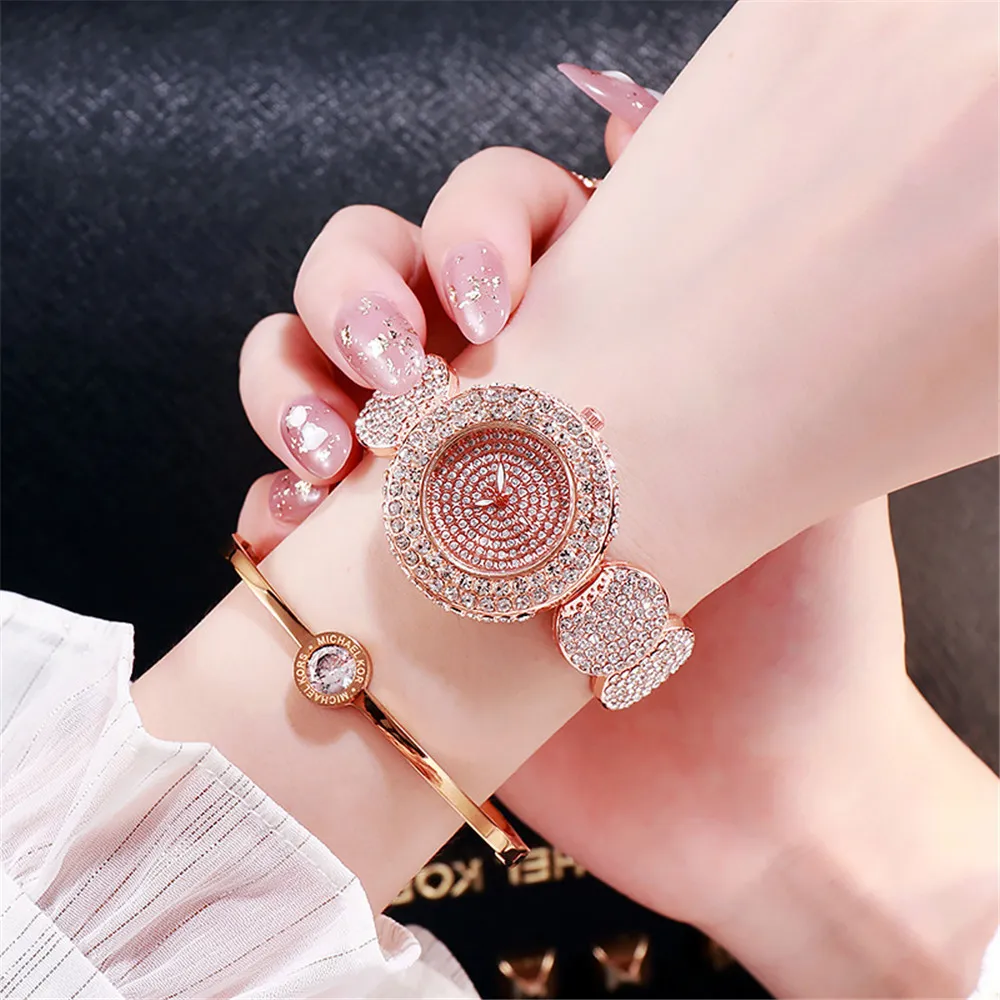 Mode Luxus Strass Frauen Uhren Casual Kristall Zifferblatt Design Damen Quarz Armbanduhren Rose Gold Stahl Armband Armband