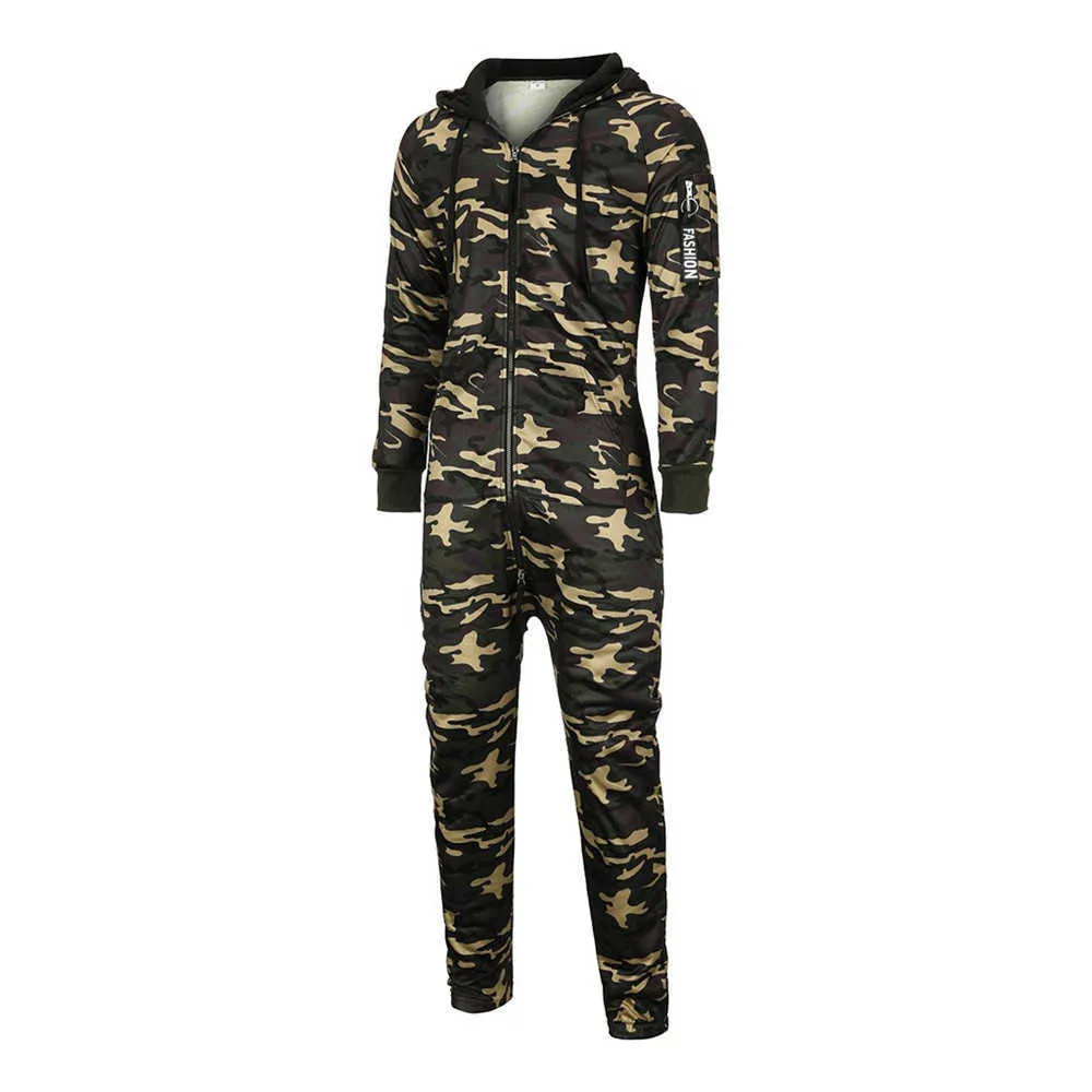 Combinaison homme une pièce hommes ensembles nouveaux hommes à capuche polaire combinaison mâle Camouflage impression personnalité costumes décontractés homme X0610