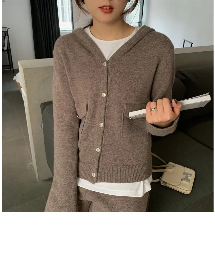 Moda solido lavorato a maglia a due pezzi Felpa con cappuccio da donna + pantaloni maglione Tute Casual coreano femminile Sport Set 210513