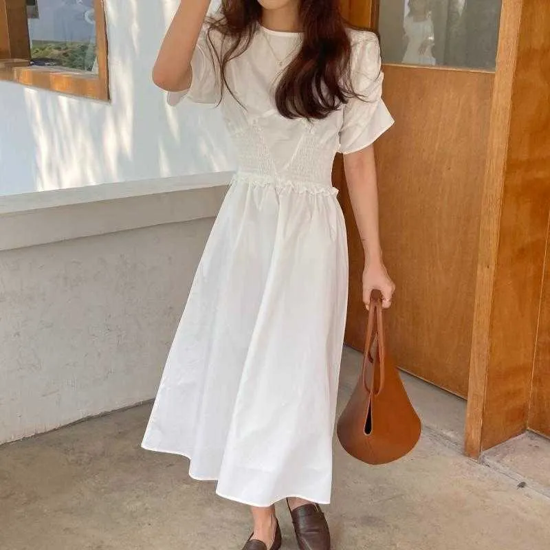 Summer Dresses Gentle Retro Solid O-Neck Elegant Vintage Party Sweet Office Lady Pleated Loose Women Chic Long 210525