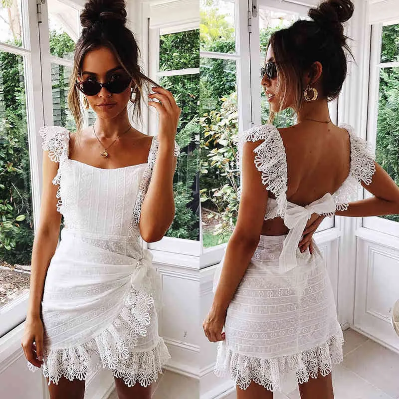 Summer Dress Women Boho Bohemian Hollow Out Crochet Lace Embroidery White Dress Backless Tie Ruffle Mini Beach Dresses Sundress X0521