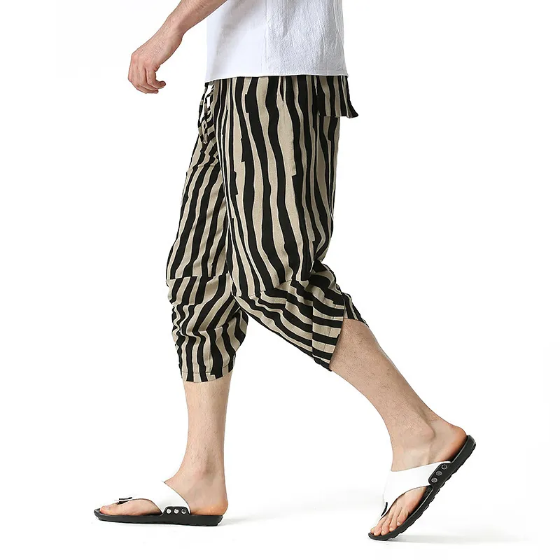 Çizgili Erkek Pantolon Keten Buzağı Uzunlukta Baskı Pantolon Erkekler Hawaii Baggy Harem Pantolon Rahat Nefes Harajuku Streetwear 210524