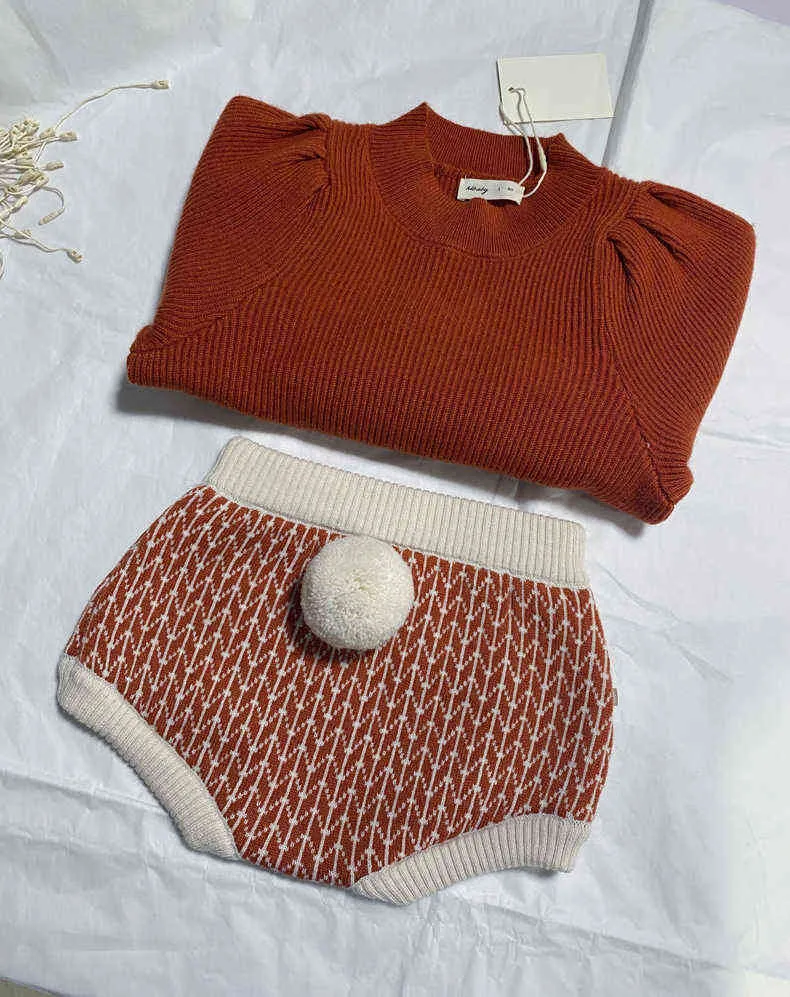 Bébé filles pull enfants tricots 100% laine tricotée vêtements manches bouffantes pompon enfants pull pour fille 211201