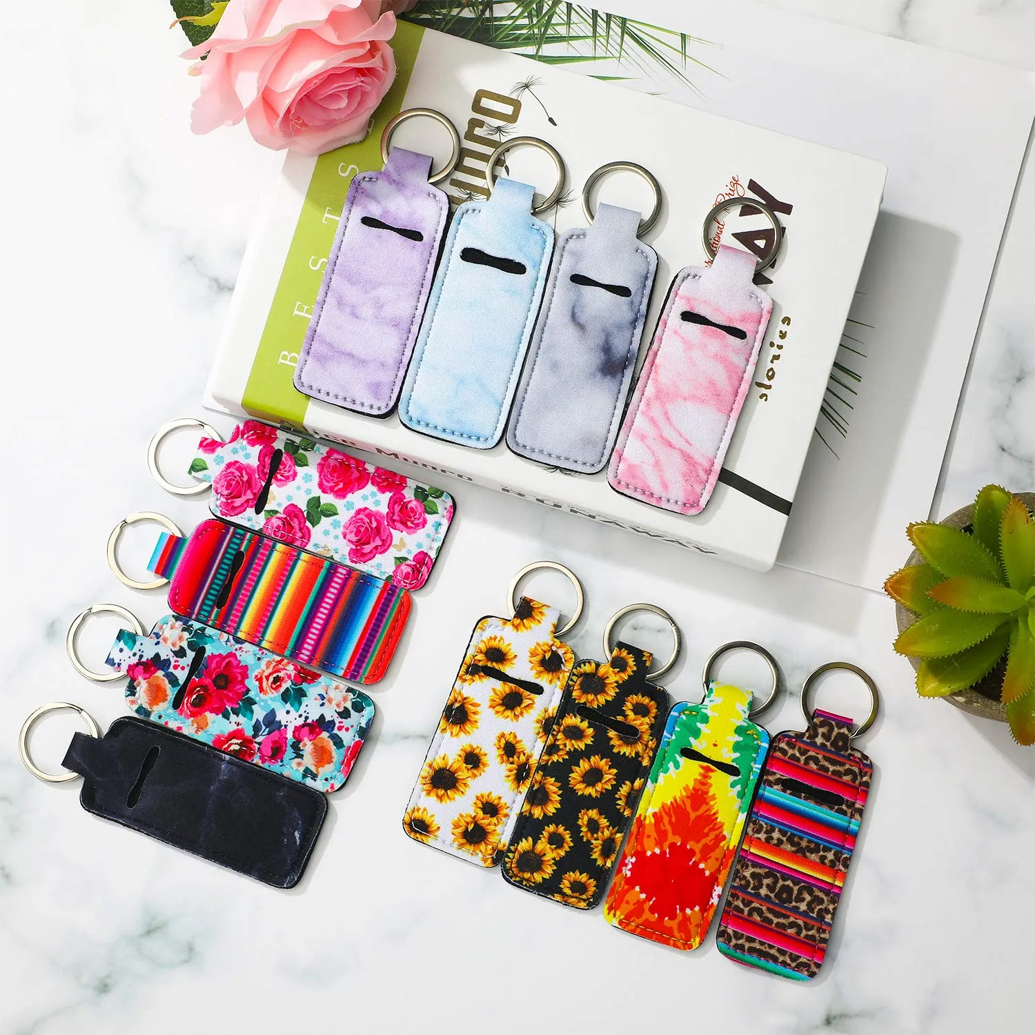 Chapstick Keychain Holders Set with Wristlet Lanyards Lipstick Holder Sleeve Pouch Lip Balm Holder for Chapstick