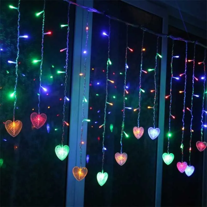 Noël LED coeur rideau lumières glaçon fée guirlande guirlande lumineuse pour la maison fête jardin vacances décoration de noël romantique Y0720