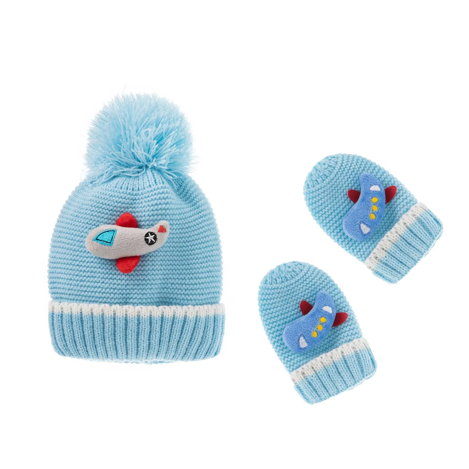 新しい冬の暖かい赤ちゃんの漫画飛行機ニット帽子ミトンセット子供の赤ちゃんウールのボールの帽子ビーニーグローブ子供の帽子+手袋/セット