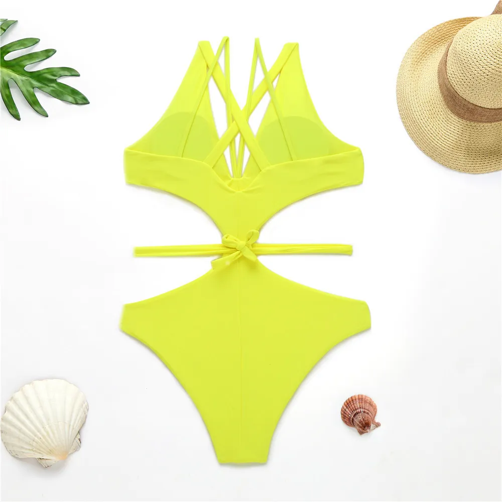 Neon gul djupa v baddräkt kvinnor monokini sträng baddräkt sexig push up swimwear bodysuits högskuren bikini 210520