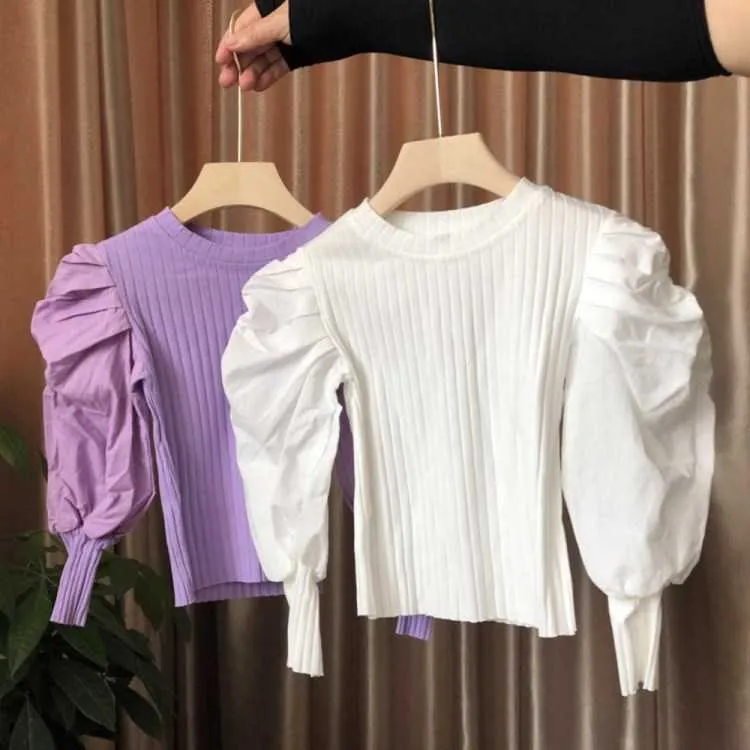 T-shirt a maniche lunghe a sbuffo ragazza coreana bambini Bella maglia in cotone autunno inverno Abbigliamento Top Solid Clothes 210529