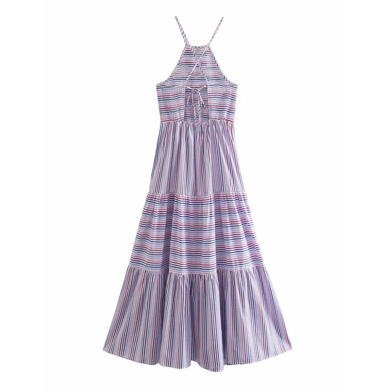 VUWWYV violet rayé à volants robe mi-longue été élégant mince dos nu Slip femme robes plage bretelles Smock Vestidos 210430