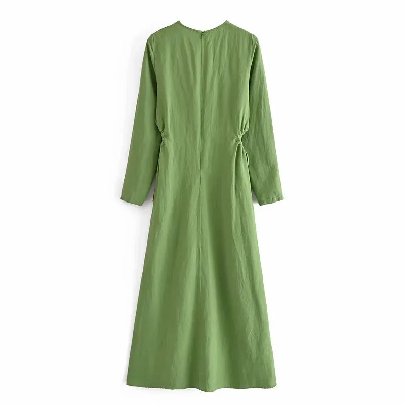 Sukienka Kobieta Green Cut Out Długie Kobiety Eleganckie Midi Rękaw ES Ladies Regulowany Wiązany Dorywczo ES 210519