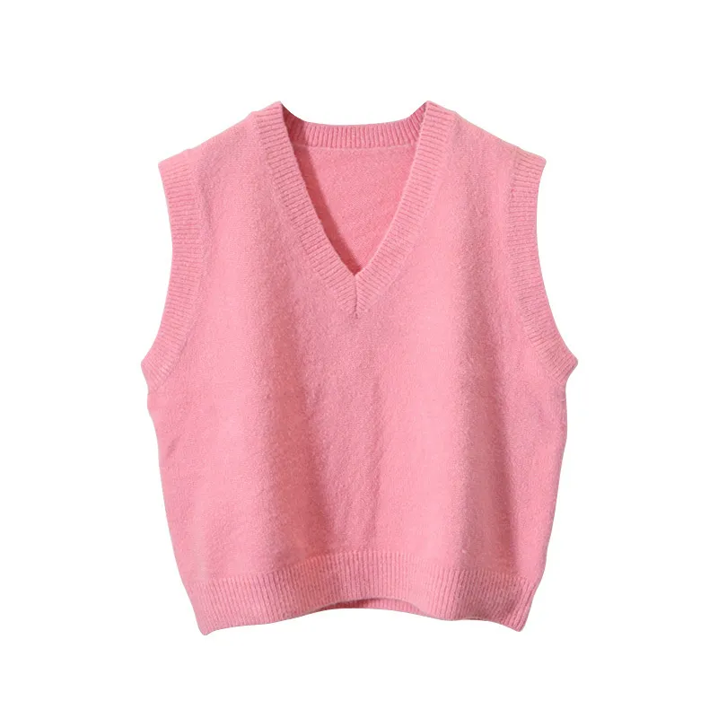 Весенняя корейская мода вязаный жилет свитер Женщины без рукавов V-образным вырезом твердые повседневные свободные офисные пуловерные вершины розовый верблюд 210518