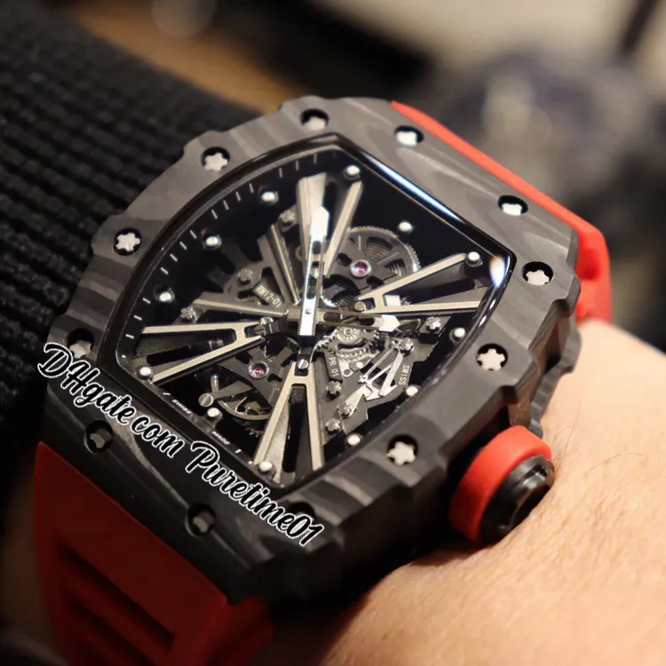 2022 Carbon Fiber Miyota Automatic Mens Watch All Black Skeleton Dial Red Rubber Strap Super Edition Puretime01 1201D4344t