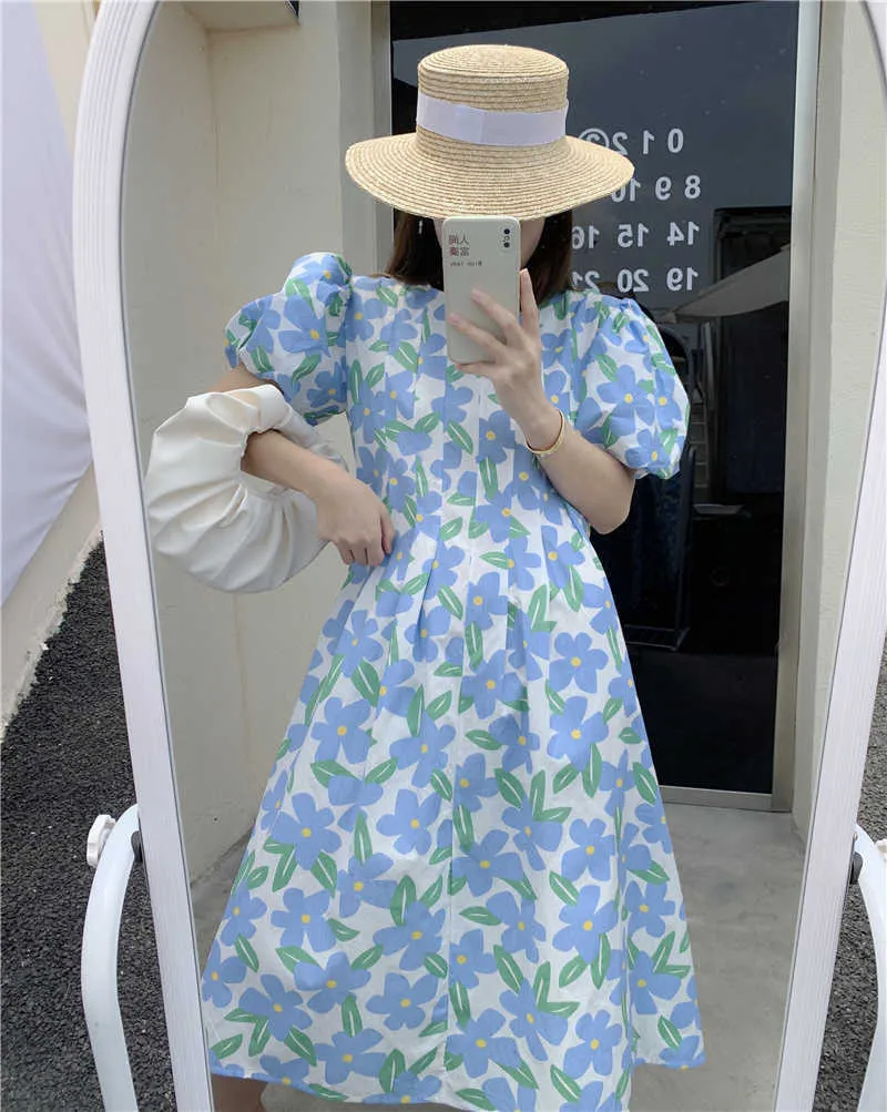 Lato Szata O-Neck Puff Krótki Rękaw Szczupła Talia Casual Dresses Koreański Chic Elegancki Kwiatowy Druku Skuć Sukienka Dla Kobiet 210529