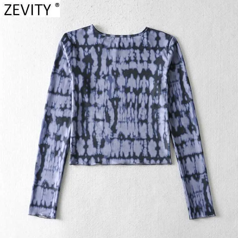 Zevity Women O Neck Long Sleeve Abstract Print Chic Camis Tank Ladies Knitted Slim Short T-shirt Casual Crop Tops LS7647 210603