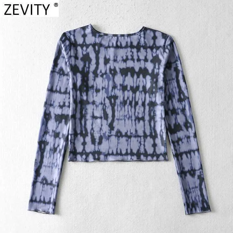 Zevity Women oネック長袖抽象印刷シックキャミスタンクレディースニットスリムショートTシャツカジュアルクロップトップLS7647 210603