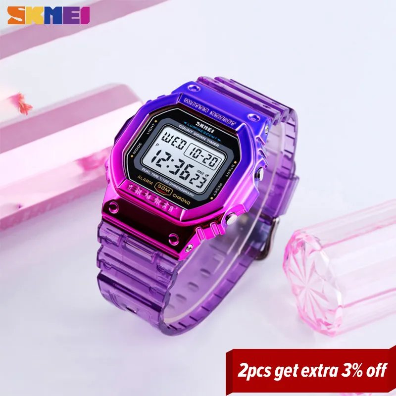 SKMEI Fashion Cool Meisjes Horloges Gegalvaniseerde Case Transparante Band Lady Vrouwen Digitale Horloge Schokbestendig reloj mujer 1622 21198c