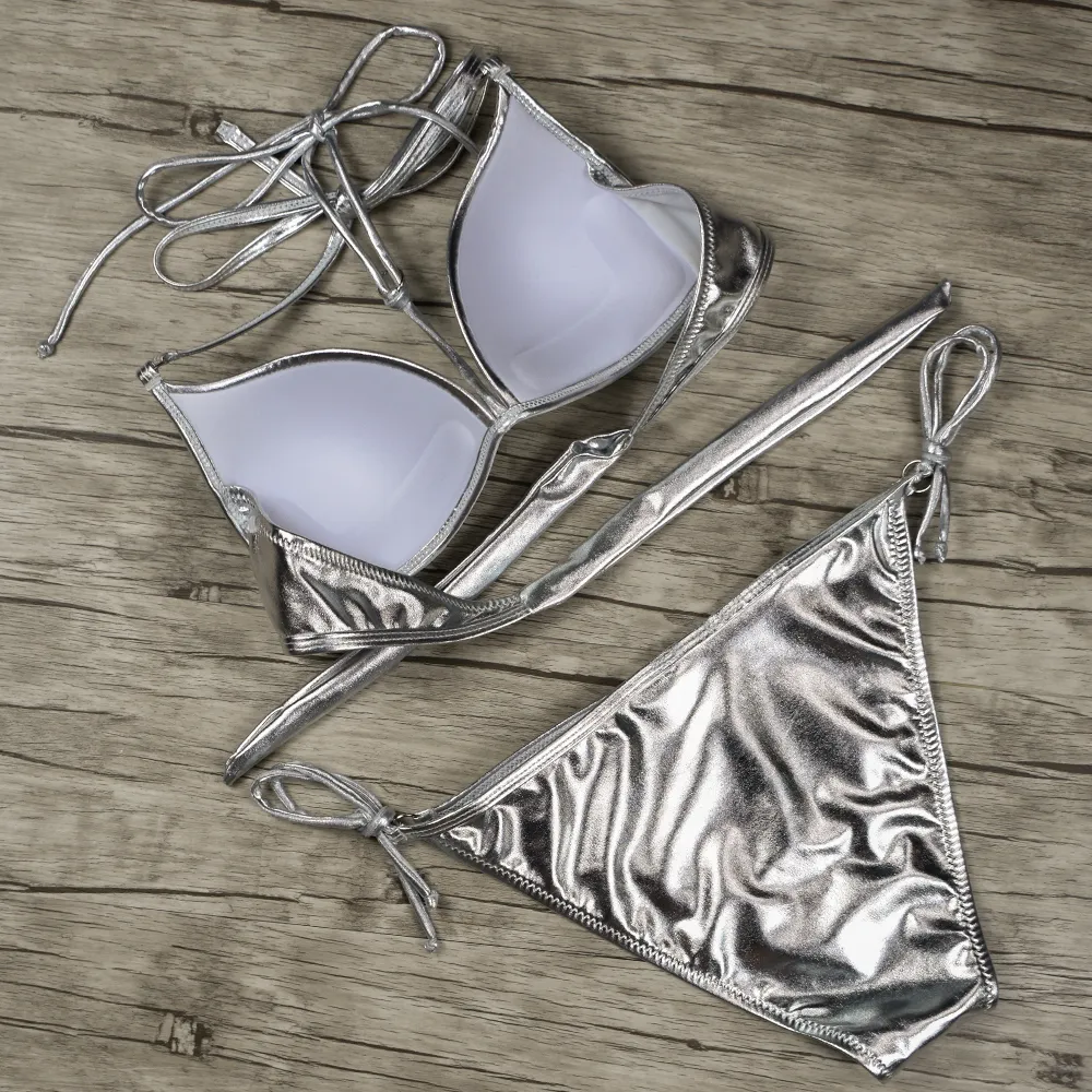 Nuevo traje de baño metálico plateado con realce de lentejuelas, conjunto de Micro Bikini resistente al agua, traje de baño Sexy, Bikinis de cuerda 210319