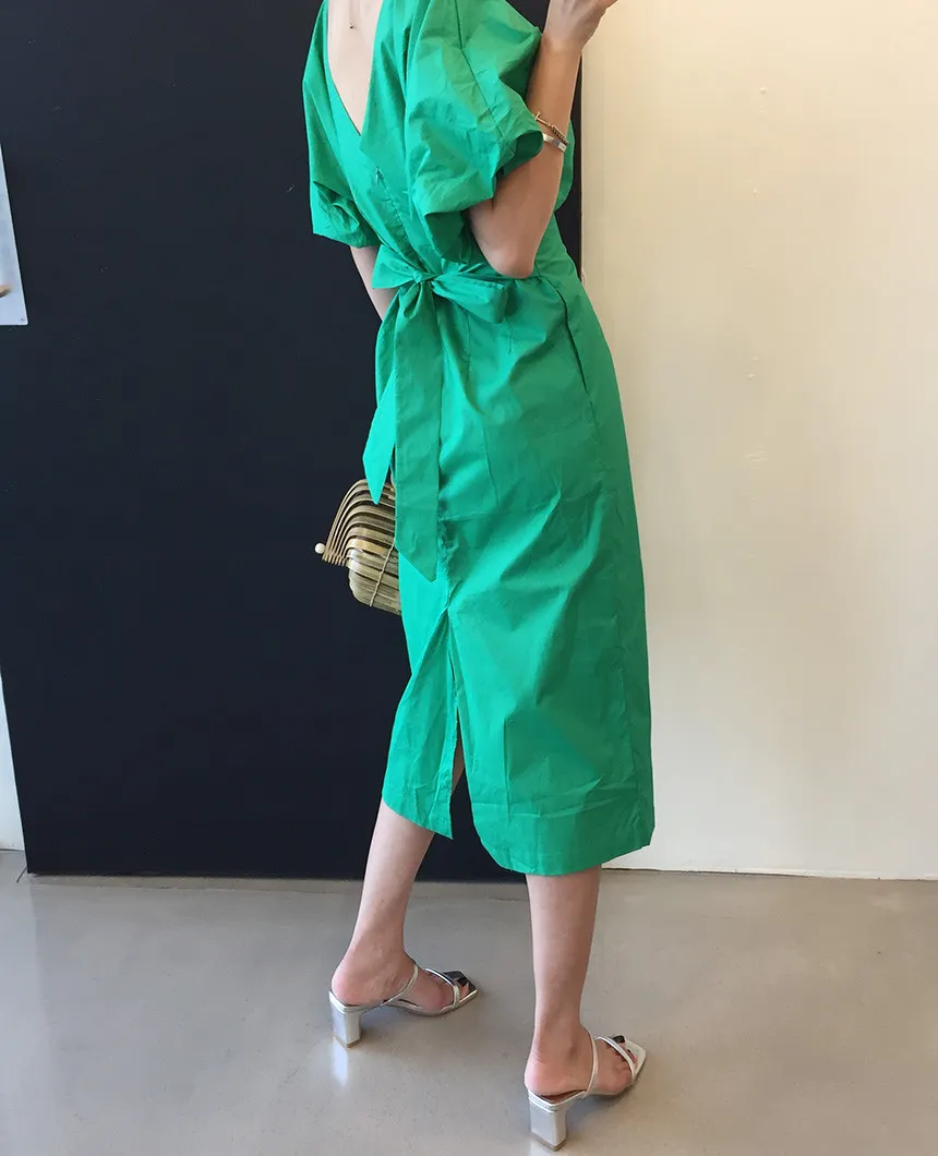 Women's Summer Sundress Green Vintage Dress Elegant Femme Robe Solid Color Puff Sleeve Waist Bandage 210514