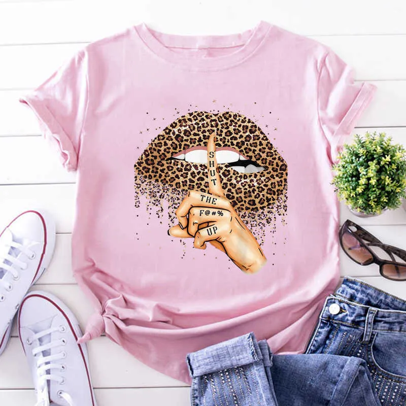 FIXSYS Women Leopard Lips Short Sleeve Print Clothes Ladies Summer New Fashion T-Shirt Black Tops Female Casual T Shirt X0527