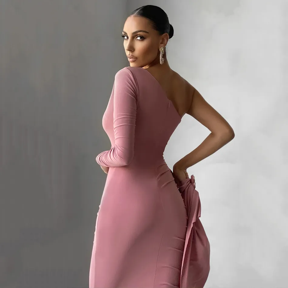 Été femmes de haute qualité rose marron à manches longues une épaule moulante à volants Sexy robe de soirée Vestidos 210525