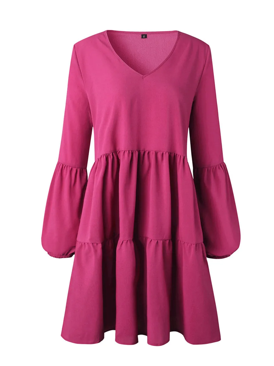 Automne couleur unie à manches longues lâche col en V robe courte pour les femmes A-ligne Vintage mini robe mignonne femmes élégantes robe vestidos 210514