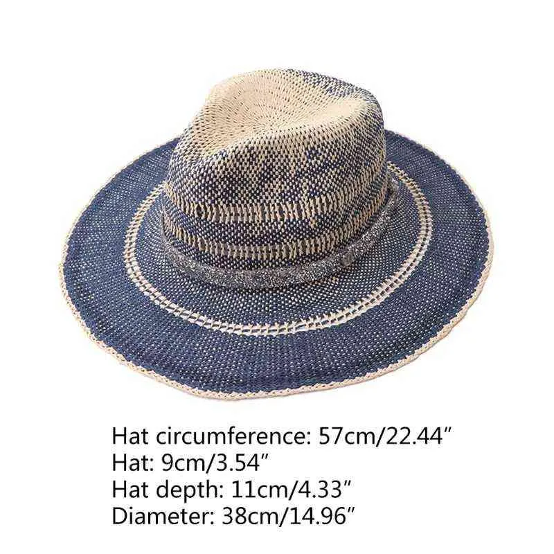 Cappello da sole Fedora Panama in paglia da donna Cappello da spiaggia con protezione solare a catena con strass sfumati A0NF G220301