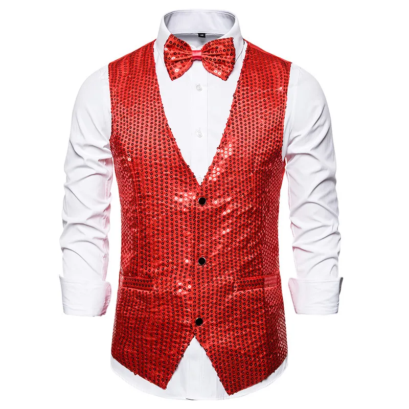 Czarne pełne cekiny Paillette kamizelka Slim Fit V Neck Shiny Glitter Kamizelki Męskie Party Wedding Nightclub Stage Kamizelka z Bowtie 210522