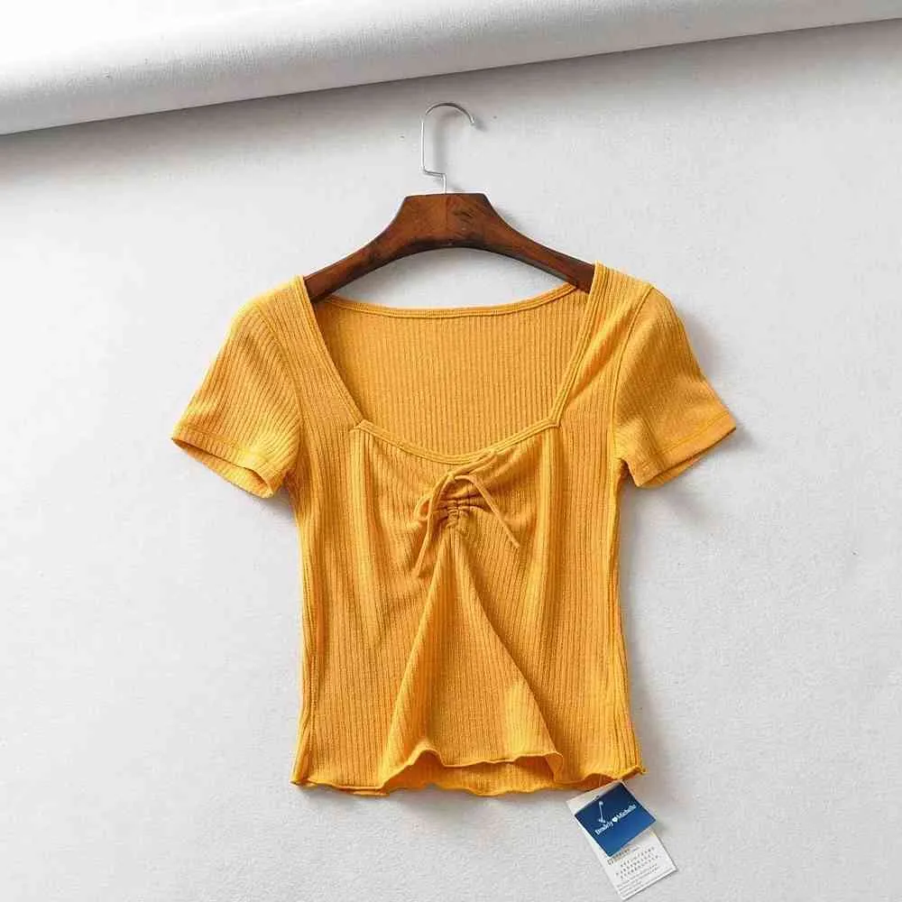 Été noir t-shirt femmes t-shirt haut court mignon sexy jaune à manches courtes chemises kawaii coréen vêtements streetwear 210521