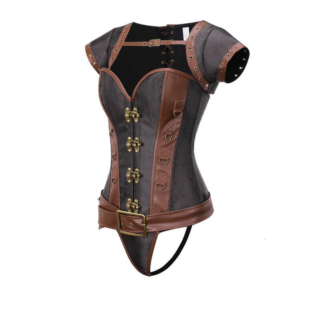 Taille ventre Shaper 8513 # gothique acier Corset Punk marron body châle haut t-pantalon + ensemble de sac de taille