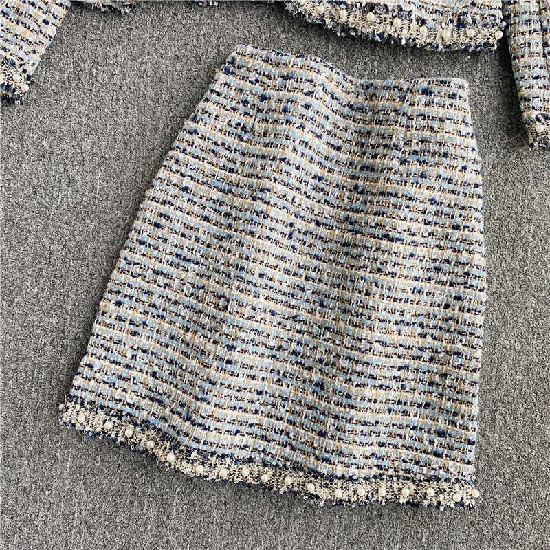 Conjuntos de otoño invierno moda temperamento o cuello perla tweed abrigo de lana abrigo de manga larga cadera mini faldas ol moda coreana rebordear 210610