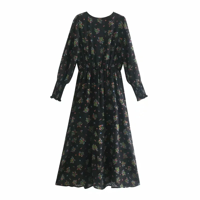 Black Floral Printed Plumetis Tulle Midi Sukienka Kobiety Vintage V-Neck Długi rękaw Zobacz przez kobietę Elastyczna talia 210519