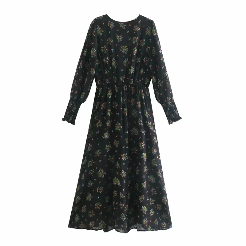 Black Floral Printed Plumetis Tulle Midi Dress Women Vintage V-neck Long Sleeve See Through Woman Elastic Waist 210519