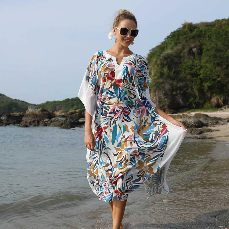 Sexy Bohemian Maxi Dress Plus size Long Cover ups Beach Tunic Pareo de Plage Bathing Suit cover Wear Swimsuit up 210629
