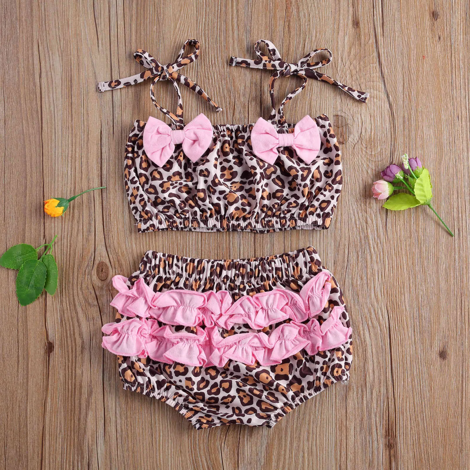 6m-5y Summer Toddler Kid Child Girls Swimwear Bikinis Set Ruffles Bow Leopard Baddräkt Beachwear Bad kostym 210515