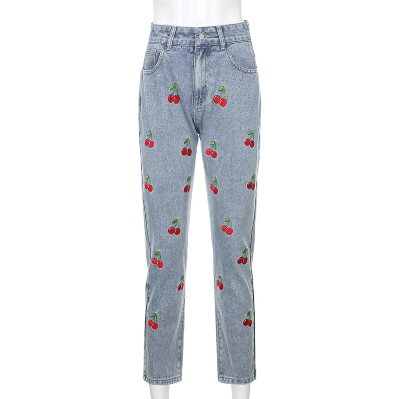 Cherry Broderie Y2K Crayon Jeans pour filles Mode Femme Femme Taille basse Pantalon Vintage Sweat Denim Pantalon Streetwear 210510