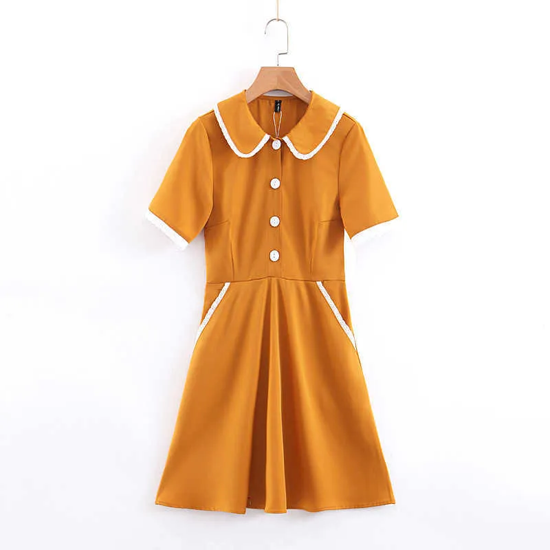 Style Preppy filles mignonnes col claudine bouton Mini robe doux été femme solide sergé décontracté Vestidos 210531