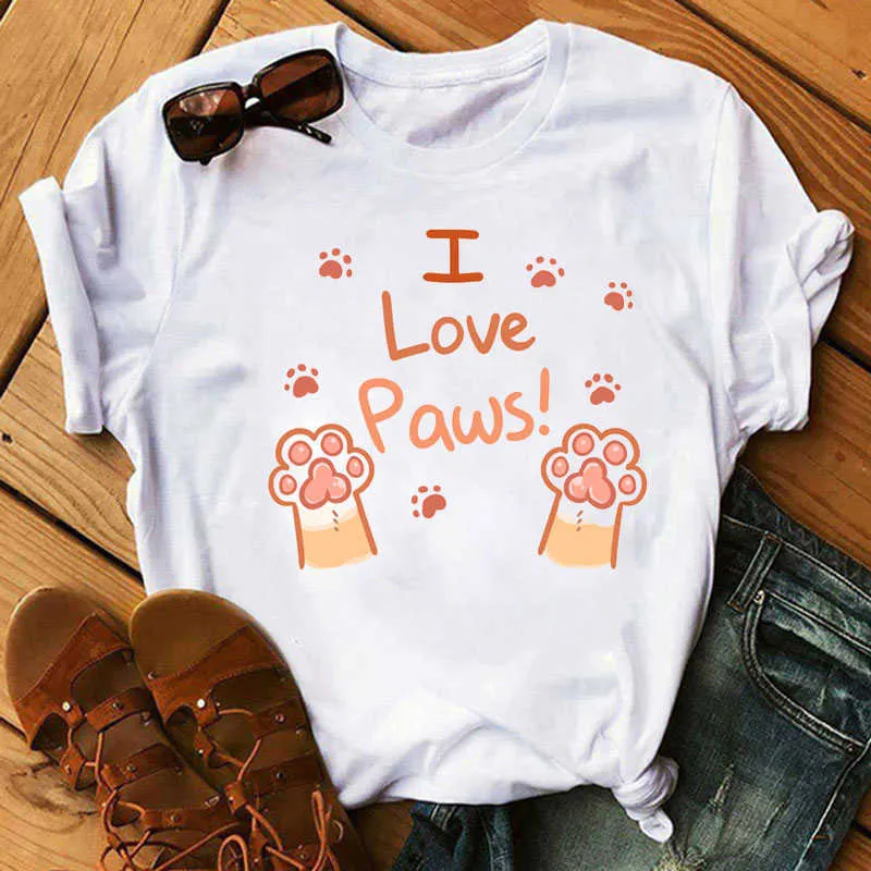 Love Heart Dog Paw Print T Shirt Women Cartoon T-shirt Funny Female T-shirt 2020 Summer Leisure Fashion Aesthetic Tshirt Tops X0527