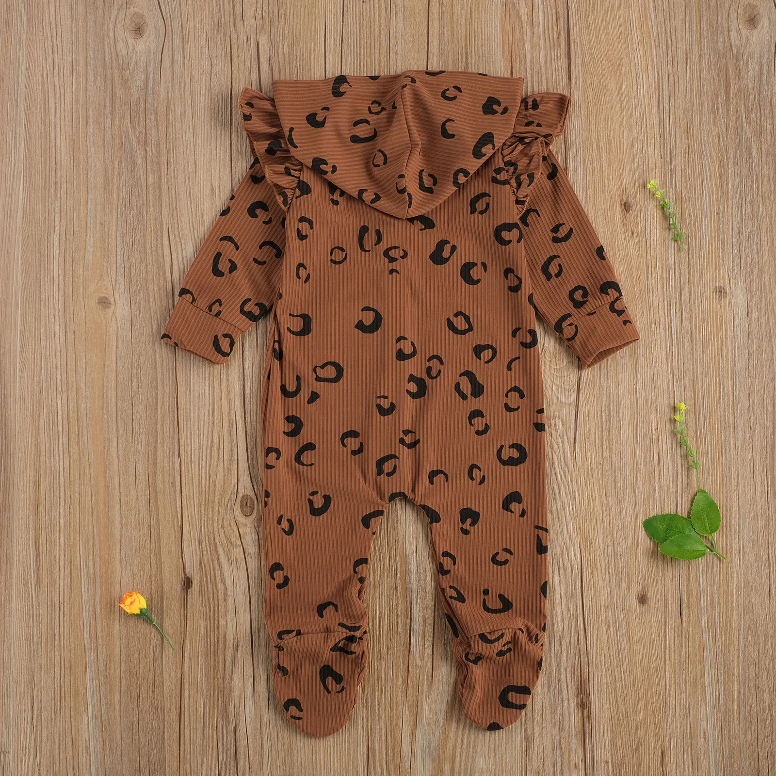 0-24M Spring Autumn born Infant Baby Girl Hooded Romper Long Sleeve Leopard Jumpsuit Playsuit Clothes 210515