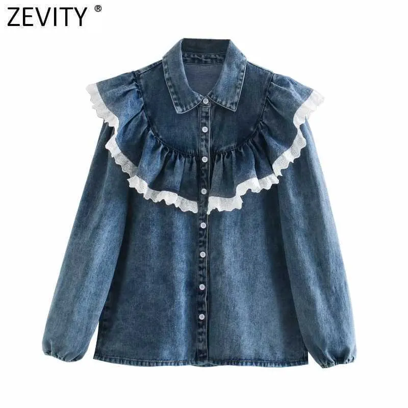 Zeefity Dames Sweet Lace Patchwork Ruches Denim Smock Blouse Office Dames Turn Down Collar Casual Shirt Chic Blusas Tops LS7440 210603