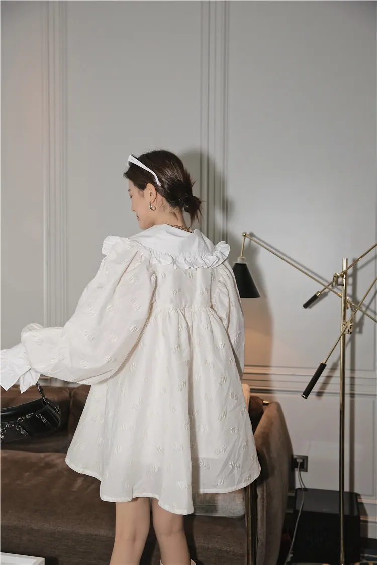 日本風ジャカード長袖ドレス女性白ピーターパン襟ランタンAラインルーズデザイナー秋210427