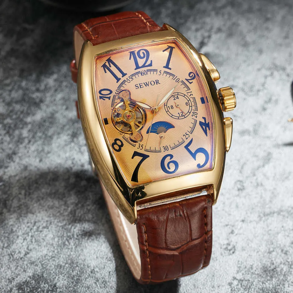 Montres-bracelets mécaniques automatiques pour hommes classiques pour hommes décontracté Vintage luxe Tourbillon horloge tonneau en forme de boîtier en cuir mâle Q0902